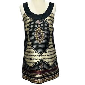 Anthro Nell Couture Y2K Dress 0 XS Black Cream Silk Dashiki Floral Boho Chic